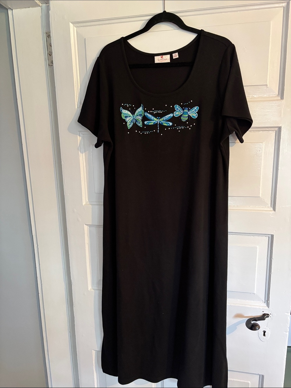 Quacker Factory Black Maxi Dress with Blue & Green Butterfly Accent
